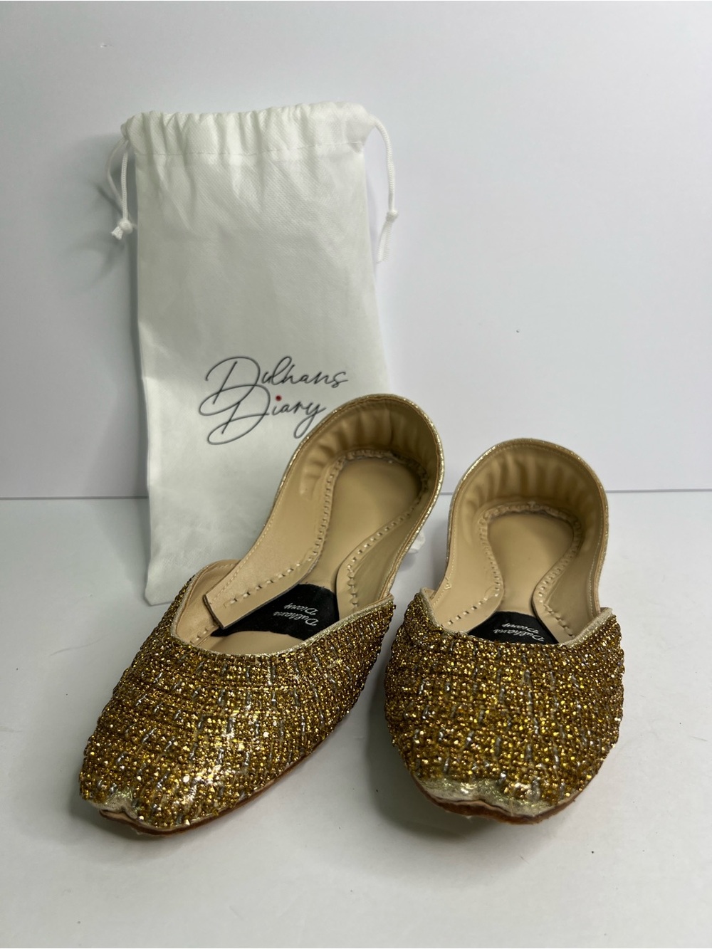 Dulhans Diary Handmade Beaded Gold Leather Khussa Jutti Flats 9.5 / 10 Bridal